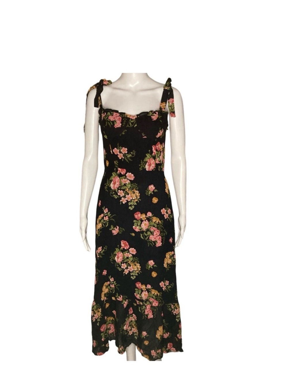 Reformation Nikita 12 Black Floral Tie-Strap Midi Dress - Picture 2 of 9